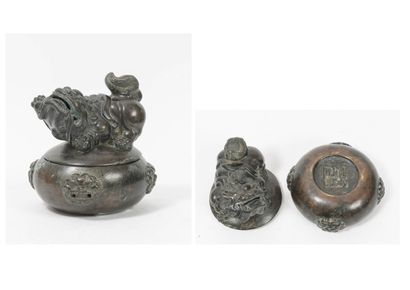 CHINE, début du XXème siècle Small circular covered perfume burner in brown patina...