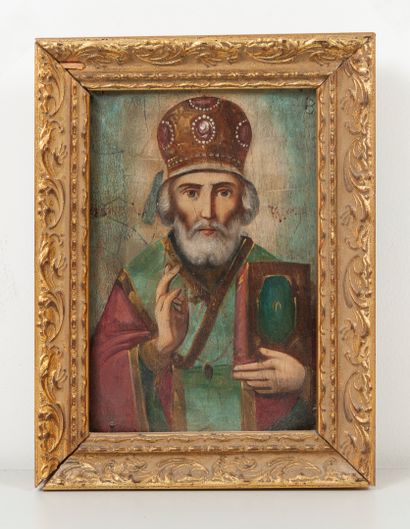 RUSSIE, XIXème siècle Icon showing a portrait of a bishop. 

Tempera on wood. 

17.5...