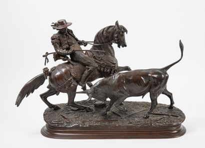 D'apres Edouard DELABRIERRE (1829-1912) Picador and bull.

Proof in bronze with brown...