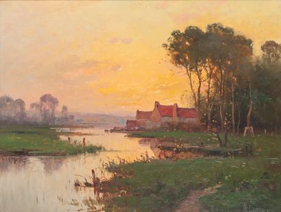 Ecole de la seconde moitié du XIXème siècle River landscape at sunset.

Oil on canvas.

50...