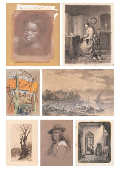 WOLTER XIXème siècle Set of 3 drawings in pencil, charcoal, chalk or pastel on paper:...