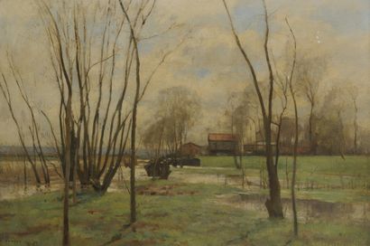 Pierre DAMOYE (1847-1916) Prairie arborée, inondée, sur fond de bâtiments de fermes,...