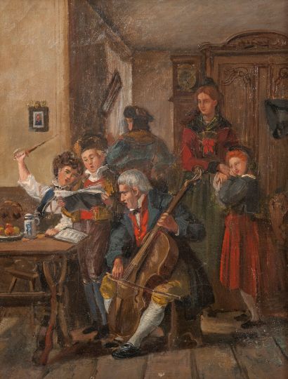 Ecole de la fin du XIXème ou début du XXème siècle Music and singing in a family...