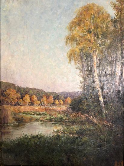 Remy E. LANDEAU (1859-1934) 
Ponds in autumn.




Oil on mahogany panel.




Signed...