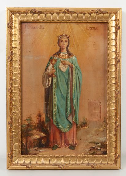 RUSSIE, XIXème siècle Icon showing Saint Barbara. 

Tempera on wood. 

26.5x 17.5...