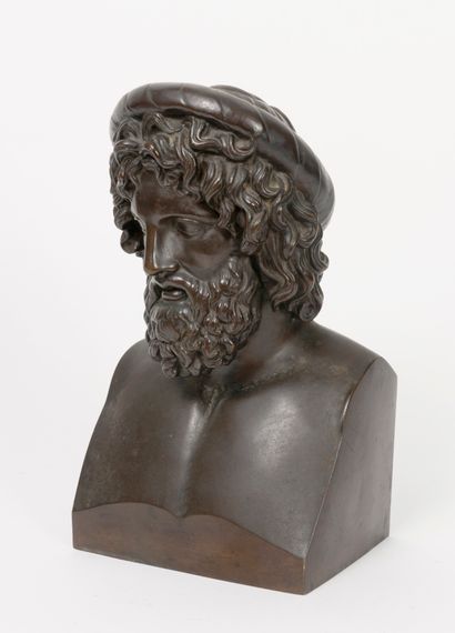 Ecole du XIXème siècle Bust of Homer represented as Hermes, with curly hair, crowned...