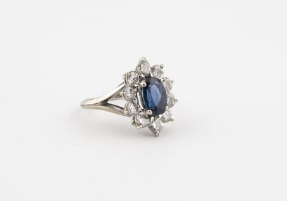 null Daisy ring in white gold (750) and platinum (850) set with an oval faceted sapphire...