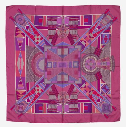 HERMES Paris Printed silk twill square, Plains Indian Art pattern, fuschia border...