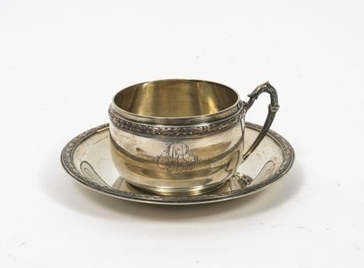 Eugène LEFEBVRE A silver (950) cup and saucer decorated with a foliage frieze. The...