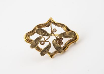 null Two-tone gold (750) foliage brooch, hollow and openwork, punctuated with white...