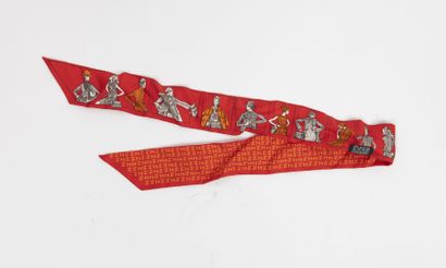 HERMES Paris, Silk twilly with bust motifs of female fashion figures on a red background.

87...