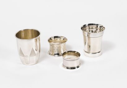 Two timbales and a napkin ring in silver...