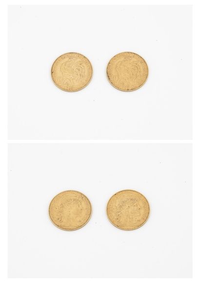 France Lot de deux pièces de 10 francs or, IIIème république, Coq,1900. 

Poids total...