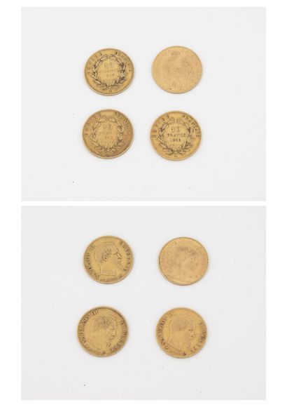 France Quatre pièces de 10 francs or : 

- Napoléon III, 1855 Paris, 1856 Paris,...