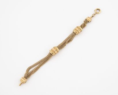  Bracelet with three rows of braided chains and two runners in pink and yellow gold...