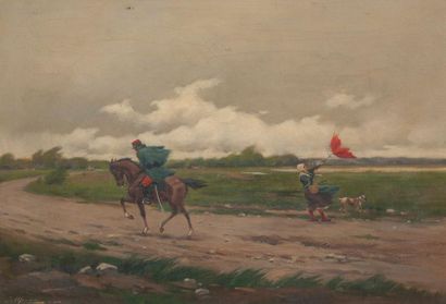 Jules MONGE (1855-1934) Le coup de vent. [Cavalier et femme au chien sur un chemin...