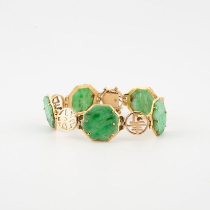null Bracelet articulé en or jaune (750) à motifs de médaillons hexagonaux en jade...