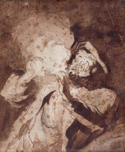 Honoré DAUMIER (1808-1879) Le fumeur allumant sa pipe. Plume et encre brune, lavis...