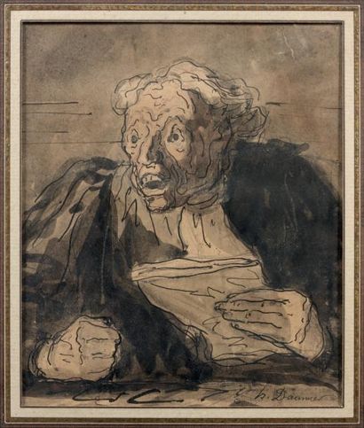 Honoré DAUMIER (1808-1879) Le Plaidoyer. Dessin à la plume et aquarelle, signé. 14,5...