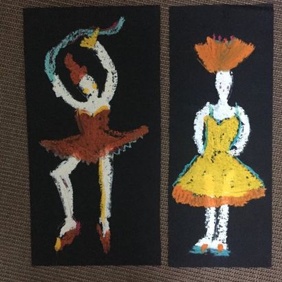 Lot de deux tableaux "Danseuses 2" signés Katherine Roumanoff, 19x50 et 25x50 cm...