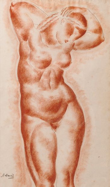 Georges ARTEMOFF (1892-1965) Femme nue, les bras levés.

Encre et sanguine sur papier.

Signé...
