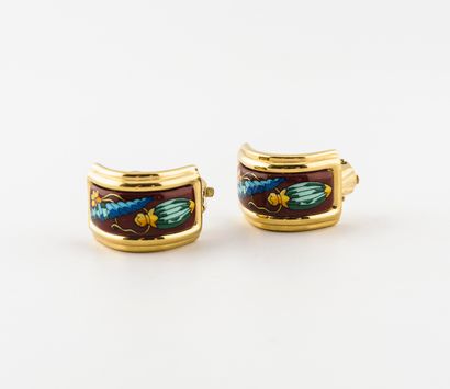 HERMES Paris Pair of ear clips in gilded gadrooned metal with polychrome enamel decoration...