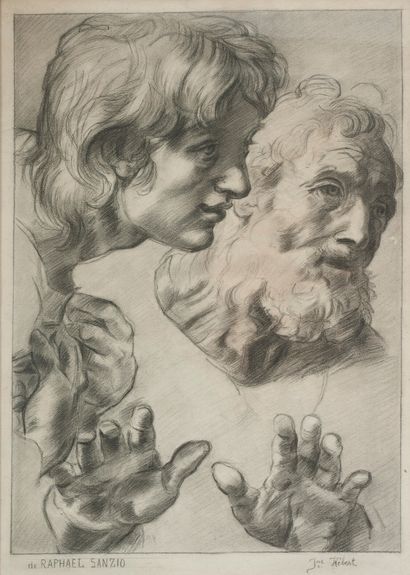D'après RAPHAEL (1483-1520) Etude de têtes et mains de deux saints.

Fusain sur papier...