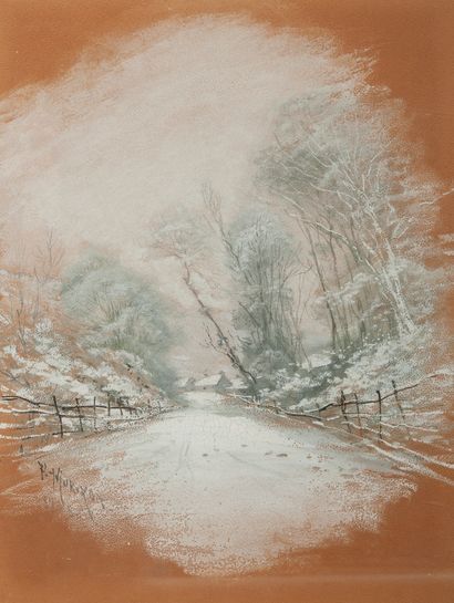 Paul Morizet (1850-?) Routes de campagne enneigées, l'une animée de deux personnages....