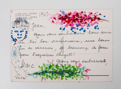 Marc CHAGALL (1887-1985) & Valentina BRODSKY-CHAGALL (1905-1993) Carte postale autographe...