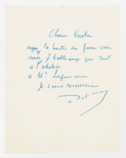 André DERAIN (1880-1954) Autograph letter signed. 1 page, beautiful signature.

"Dear...