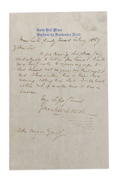 Charles DICKENS (1812-1885) Lettre autographe signée adressée à John Angus. "Manchester,...
