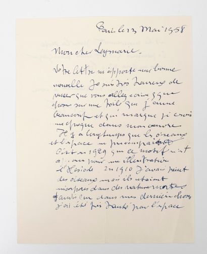 Georges BRAQUE (1882-1963) Lettre autographe signée et datée du 23 mai 1958 à Jean...