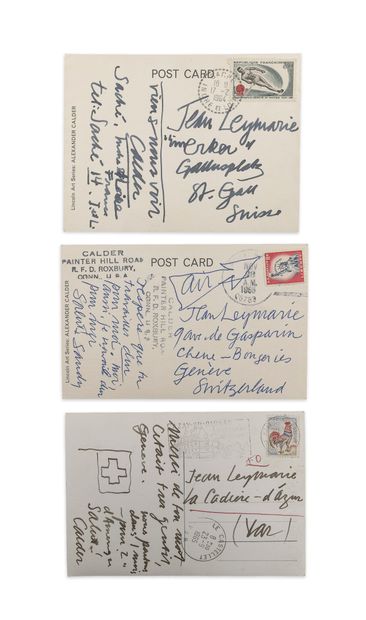 Alexander CALDER (1898-1976) 3 cartes postales signées, 1964-1965, à Jean Leymarie,...
