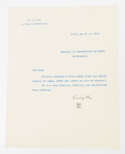 Tsuguharu FOUJITA (1886-1968) Lettre tapuscrite à Jean Leymarie. 1 page, belle signature...