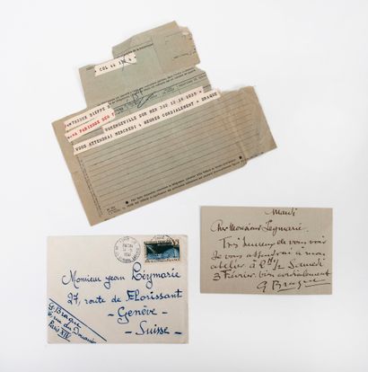 Georges BRAQUE (1882-1963) Carte autographe signée, une enveloppe Paris [14-5-1958]...