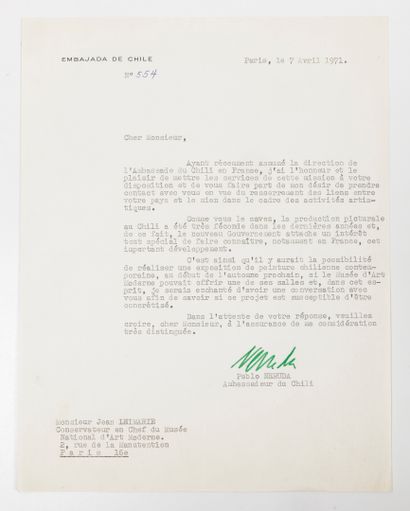 NERUDA (1904-1973) Lettre tapuscrite avec en-tête de l'Ambassade du Chili. 1 page,...