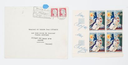 Marc CHAGALL (1887-1985) 4 timbres représentant "Les Mariés de la tour Eiffel" par...
