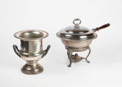 SHERIDAN TAUNTON Covered pan and tripod stove in metal, decorated with a frieze of...