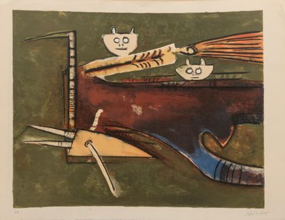 Wifredo LAM (1902-1982) Bonjour Max Ernst, 1974.

Lithographie en couleurs sur papier.

Signé...