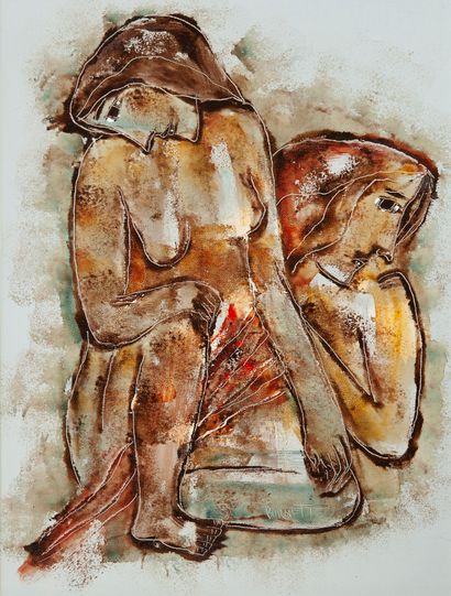 Calvin Waller BURNETT (1921-2007) Consoling Nudes.

Huile sur toile.

Signée en bas...