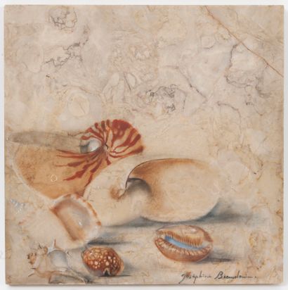 Joséphine BEAUDOUIN (1909-2005) Marmorae, shells.

Oil on marble.

Signed lower right.

30...