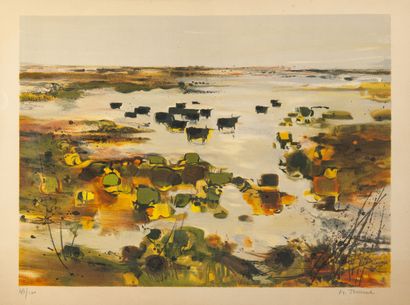 Michel JOUENNE (1933) Bulls in Camargue. 

Lithograph in colors on paper. 

Signed...