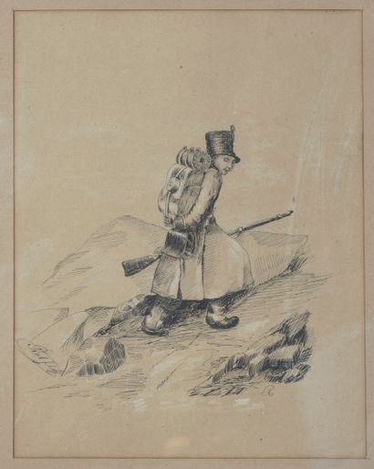Ecole de la seconde moitié du XIXème siècle. Soldat en chemin portant son havresac...