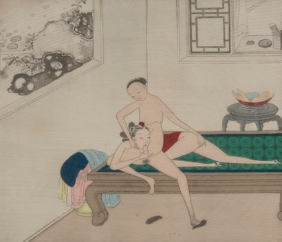 Ecole Chinoise du XXème siècle Scène érotique.

Impression sur tissu.

20 x 24 c...