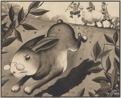Albert DUBOUT (1905-1976) Rabbit hunting. 
Ink, ink wash, colored pencil and small...
