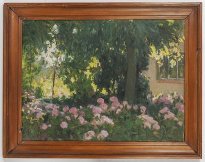 Frédéric Louis LEVE (1877-1968) Dans un jardin.

Huile sur isorel.

Signé en bas...