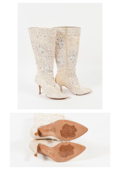 Belen DONATE Pair of cream lace pointy toe boots with flower motifs and rhinestones,...