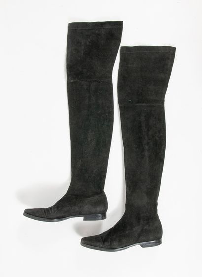 PARALLELE Pair of black suede thigh-high boots with a slightly square toe.

Size:...