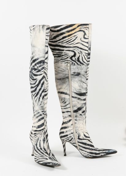 VICARI Pair of black and white zebra print canvas pointed-toe thigh boots with zip...