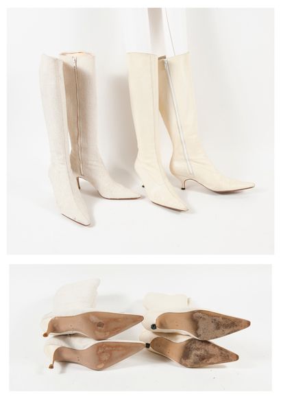 JET SET Paris Lot comprenant deux paires de bottes à bout pointu, l'une en cuir beige,...